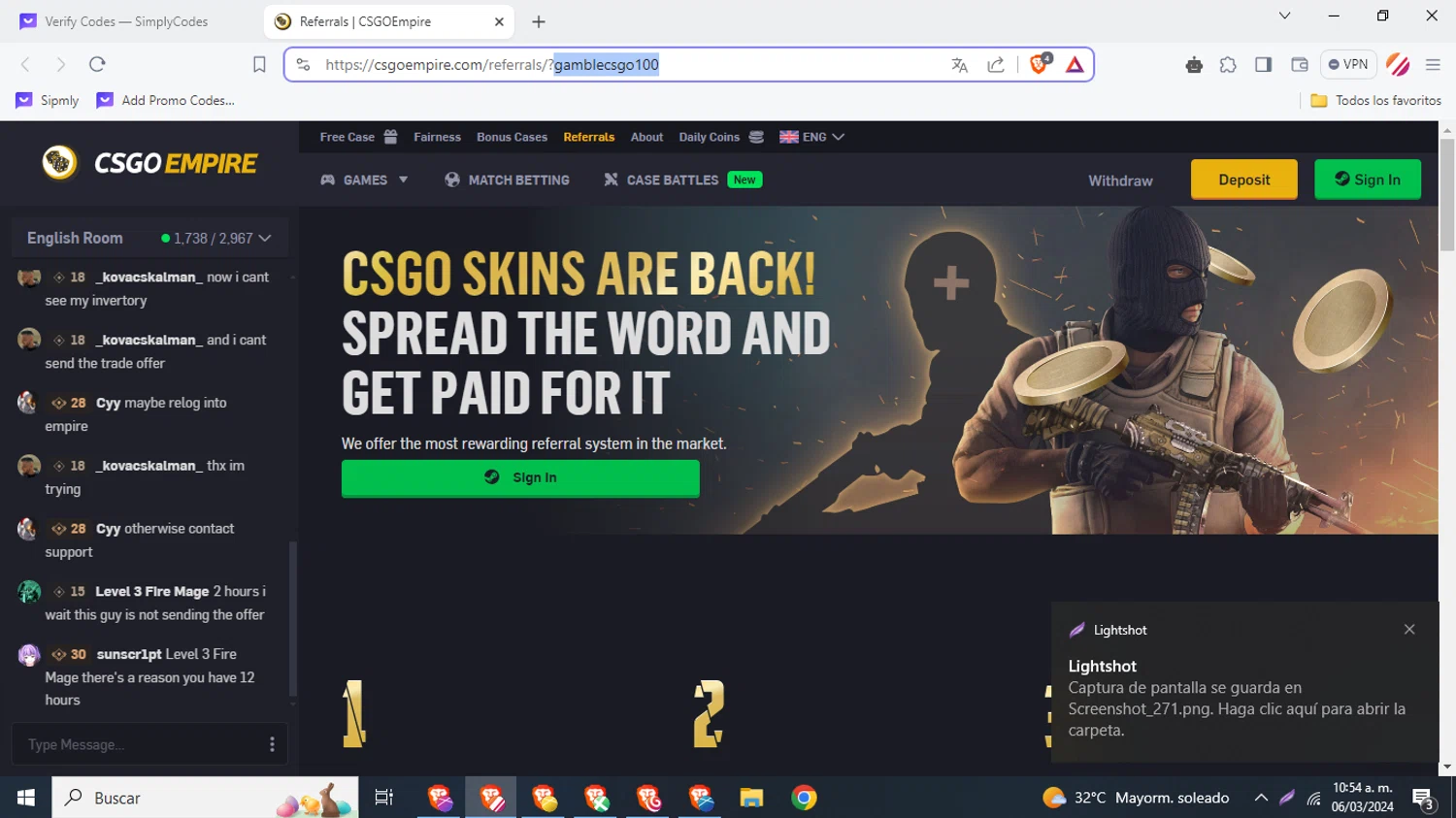 CSGOEmpire checkout page showing CSGOEmpire promo code box | Screenshot taken by SimplyCodes community member on Mar 6, 2024