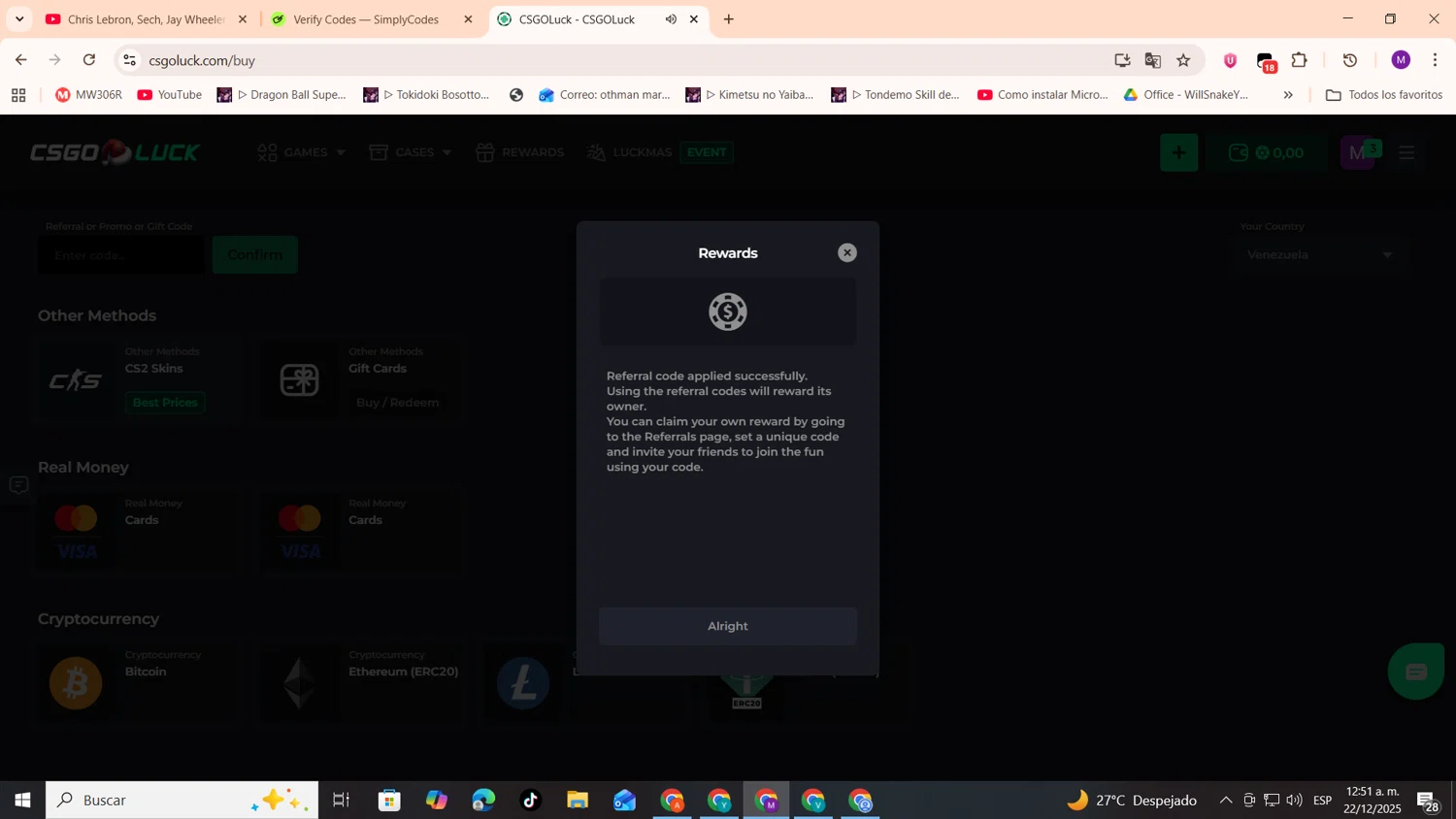 CSGOLuck promo code screenshot showing code ZLASHY applied at CSGOLuck checkout page. Uploaded by SimplyCodes community member cod_gakpo on Dec 22, 2025