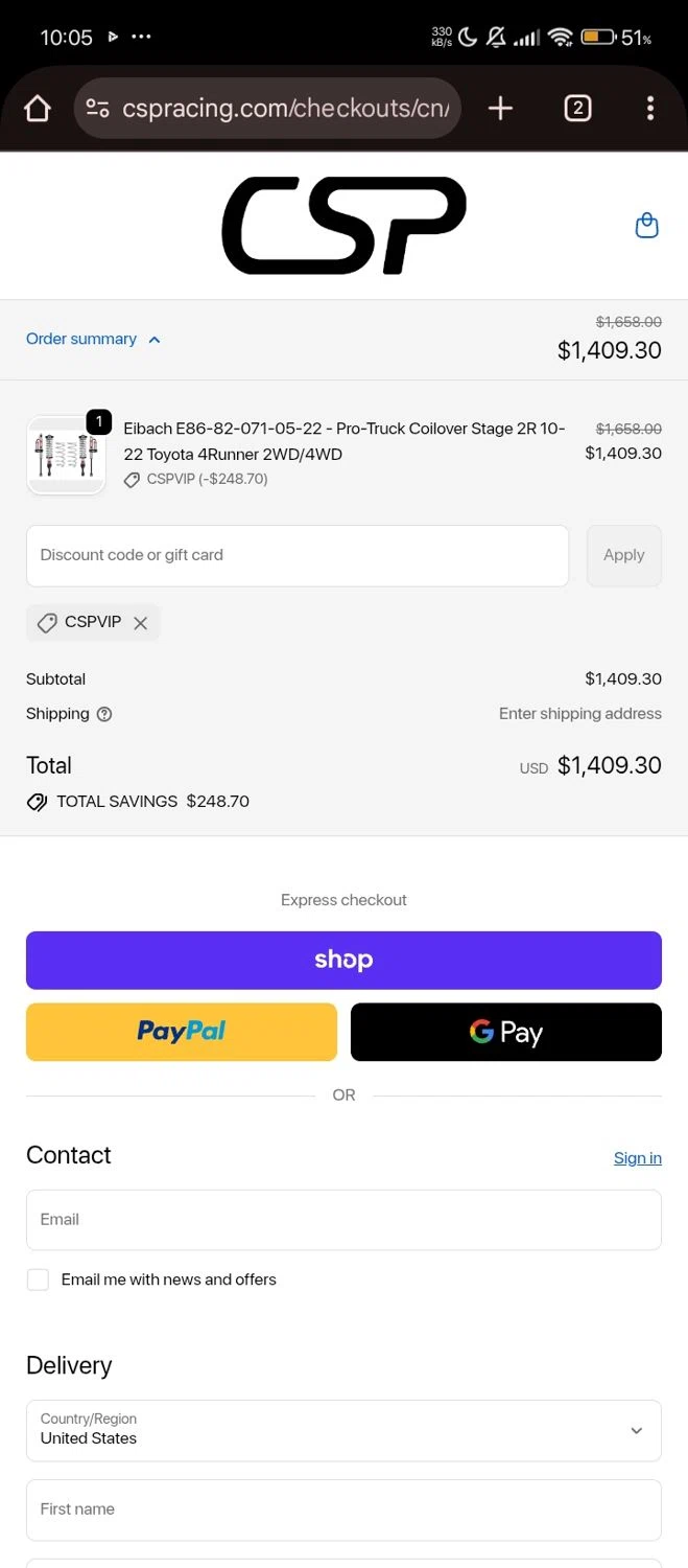 CSPRacing coupon code screenshot showing code CSPVIP applied at CSPRacing checkout page. Uploaded by SimplyCodes community member Bjhfuhdf on Nov 3, 2025