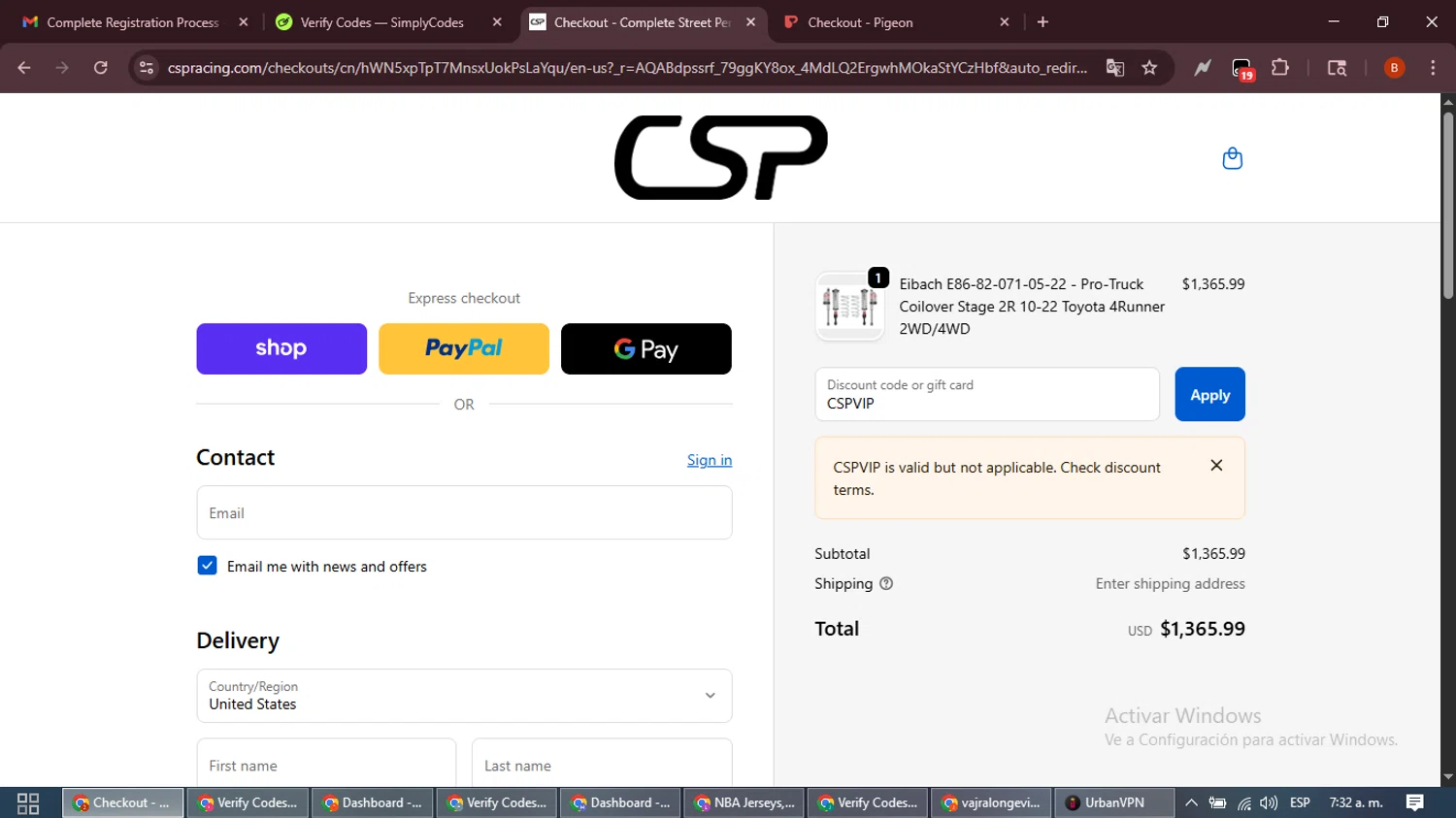 CSPRacing coupon code screenshot showing code CSPVIP applied at CSPRacing checkout page. Uploaded by SimplyCodes community member DiscountExpert6435 on Dec 2, 2025