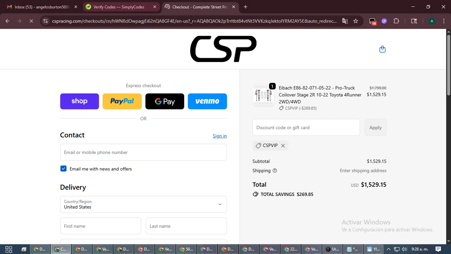 CSPRacing checkout page showing CSPRacing coupon code box | Screenshot taken by SimplyCodes community member on Feb 10, 2026