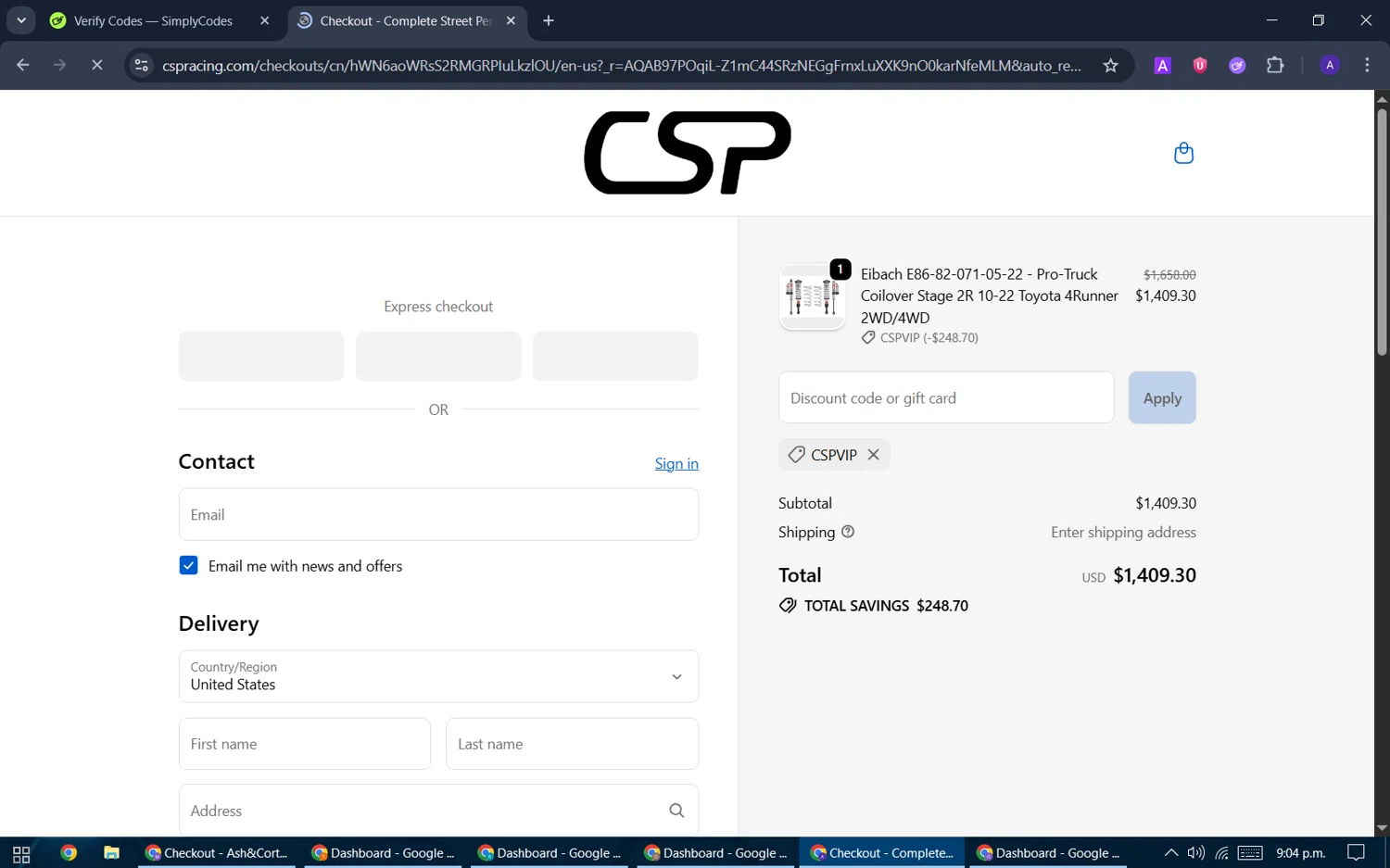 CSPRacing coupon code screenshot showing code CSPVIP applied at CSPRacing checkout page. Uploaded by SimplyCodes community member ThriftySentinel2853 on Dec 19, 2025