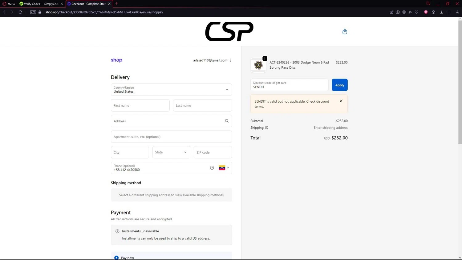 CSPRacing coupon code screenshot showing code SENDIT applied at CSPRacing checkout page. Uploaded by SimplyCodes community member LegendarySeeker3956 on Oct 21, 2025