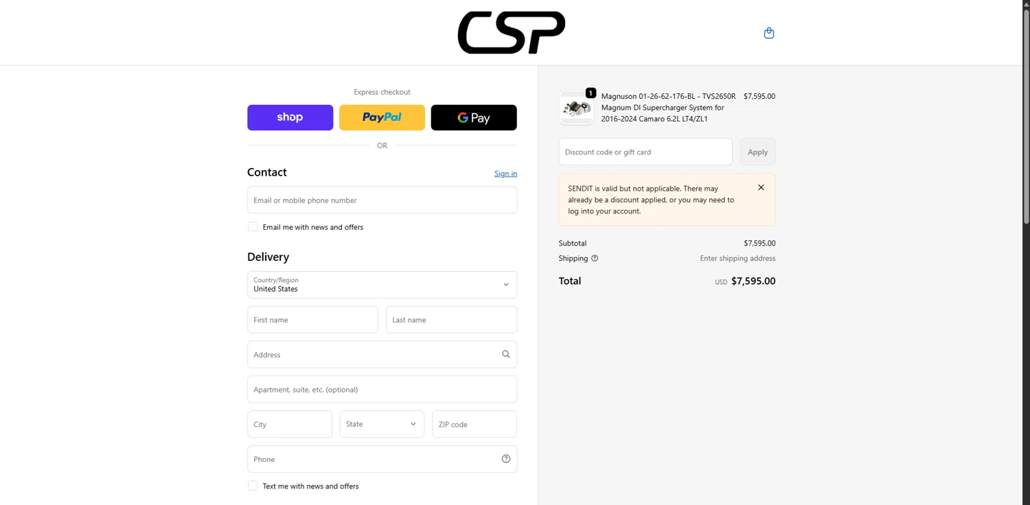 CSPRacing checkout page showing CSPRacing coupon code box | Screenshot taken by SimplyCodes community member on Feb 6, 2026