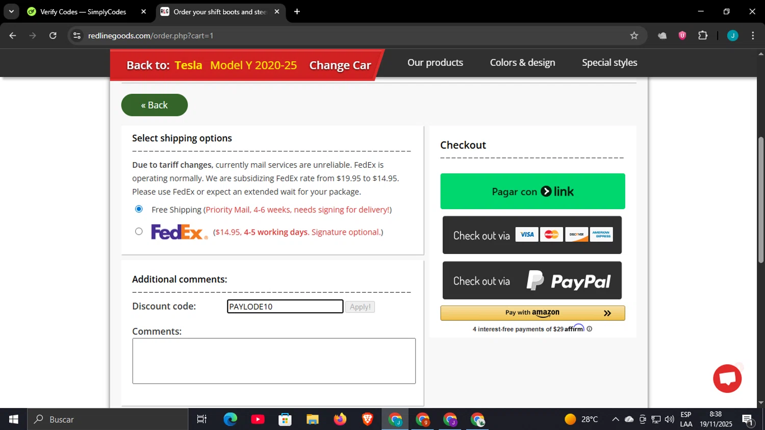 CSPRacing coupon code screenshot showing code SENDIT applied at CSPRacing checkout page. Uploaded by SimplyCodes community member Scottcawthon on Nov 19, 2025
