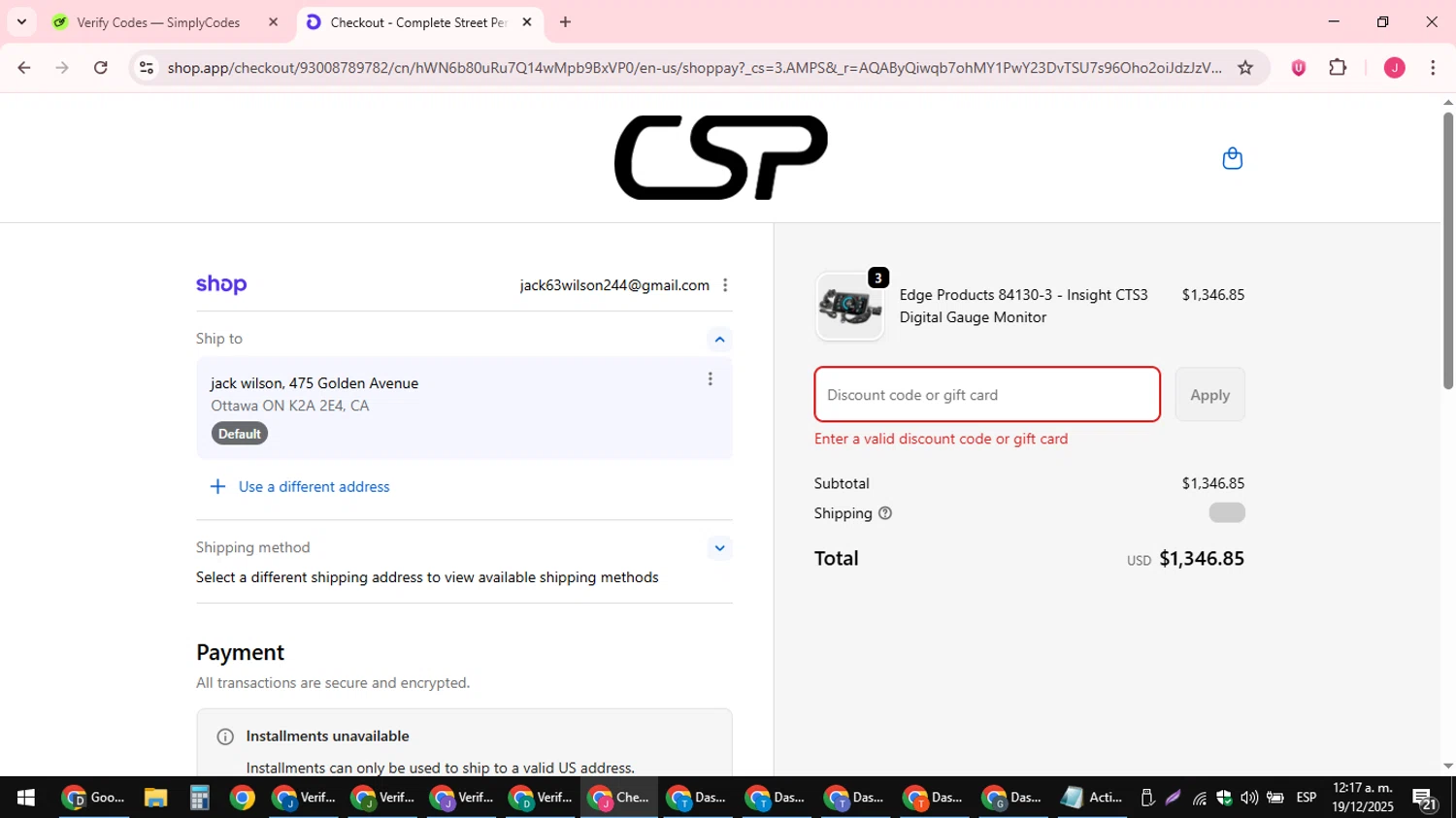 CSPRacing coupon code screenshot showing code USA applied at CSPRacing checkout page. Uploaded by SimplyCodes community member JackWilson63 on Dec 19, 2025