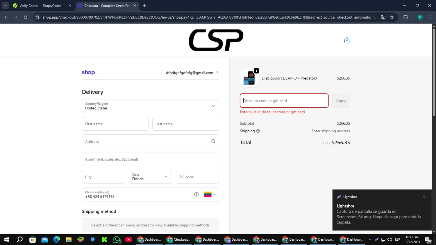 CSPRacing coupon code screenshot showing code USA applied at CSPRacing checkout page. Uploaded by SimplyCodes community member PromoScout874 on Dec 19, 2025