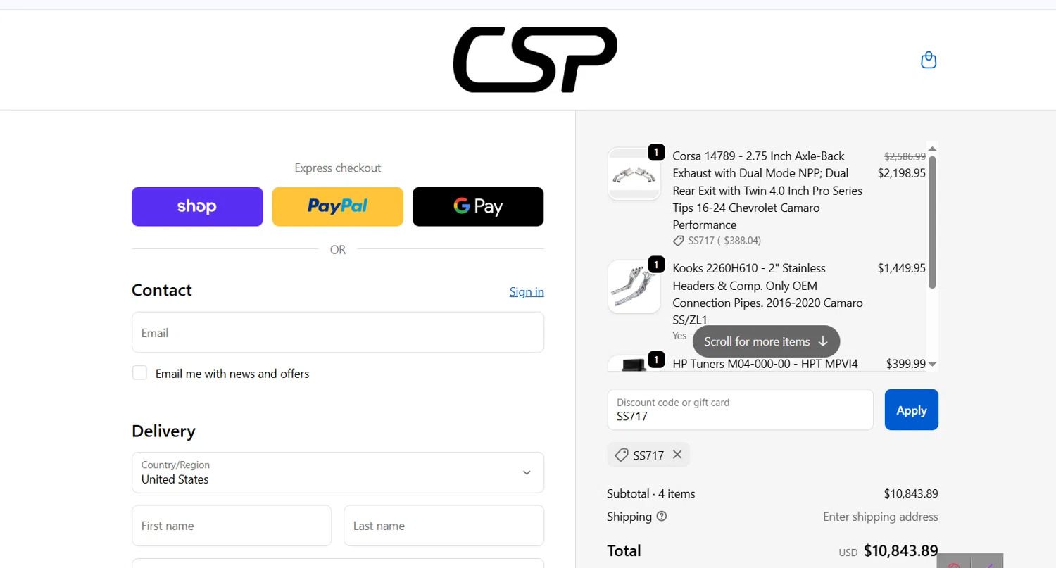 CSPRacing coupon code screenshot showing code SS717 applied at CSPRacing checkout page. Uploaded by SimplyCodes community member Adielbarbera on Dec 12, 2025