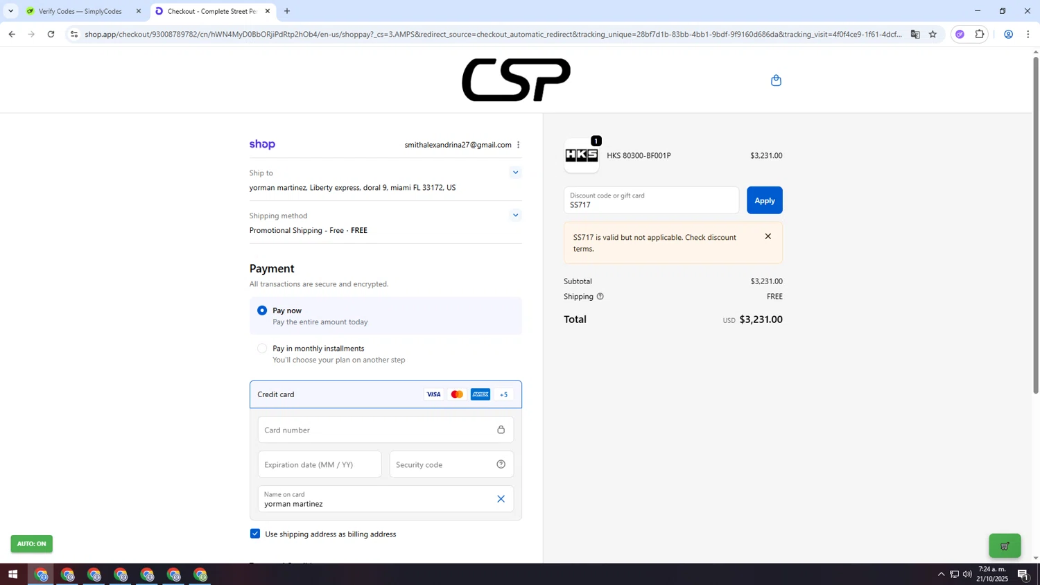 CSPRacing coupon code screenshot showing code SS717 applied at CSPRacing checkout page. Uploaded by SimplyCodes community member MRYORMAN on Oct 21, 2025