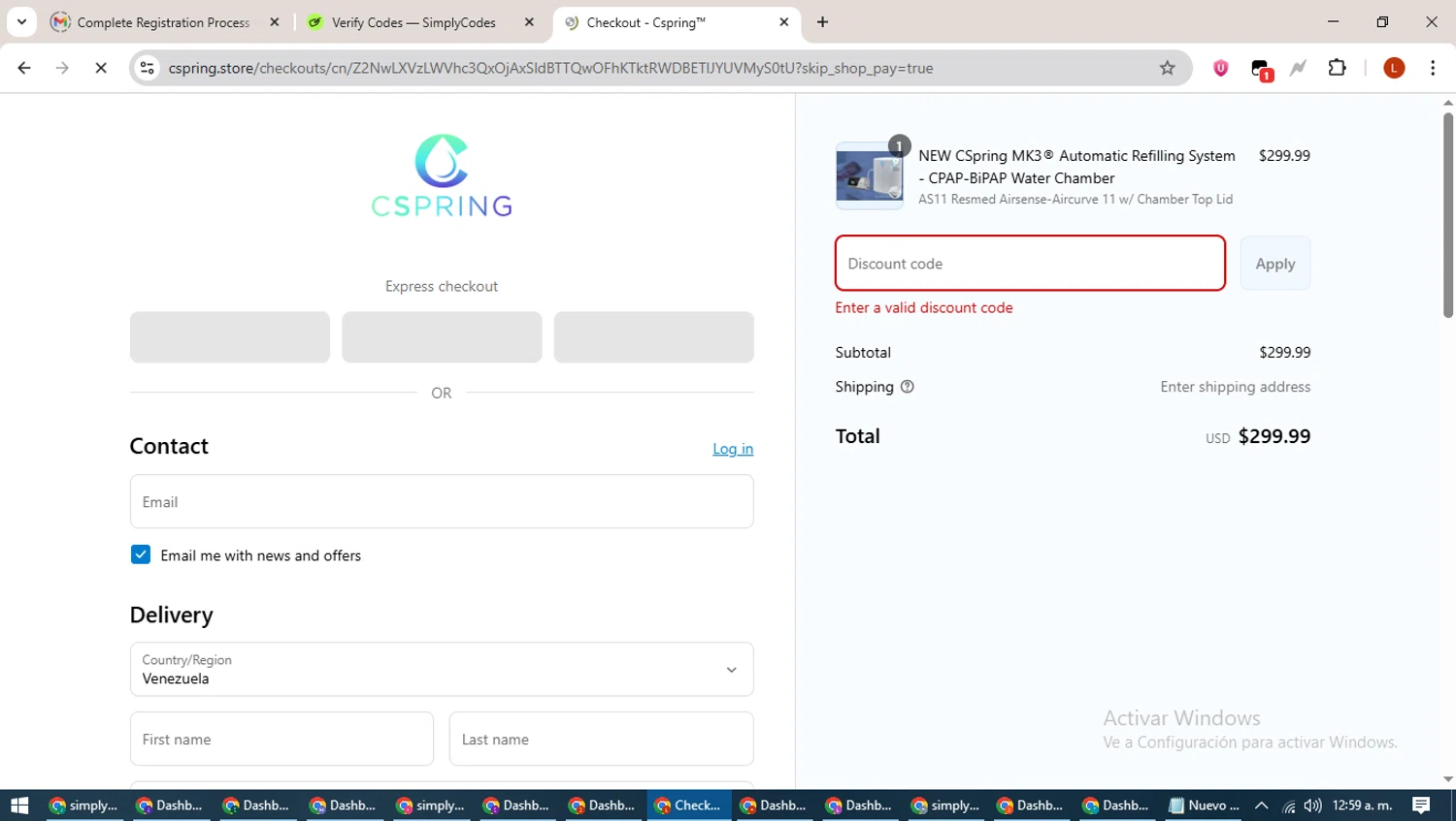Cspring discount code screenshot showing code FREESHIP applied at Cspring checkout page. Uploaded by SimplyCodes community member BonusHero9692 on May 28, 2025
