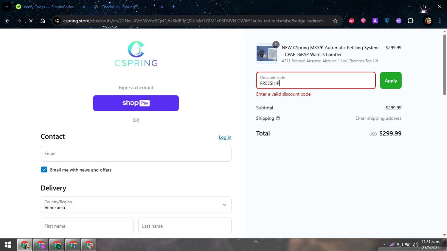 Cspring discount code screenshot showing code FREESHIP applied at Cspring checkout page. Uploaded by SimplyCodes community member Simplycodes_ on May 28, 2025