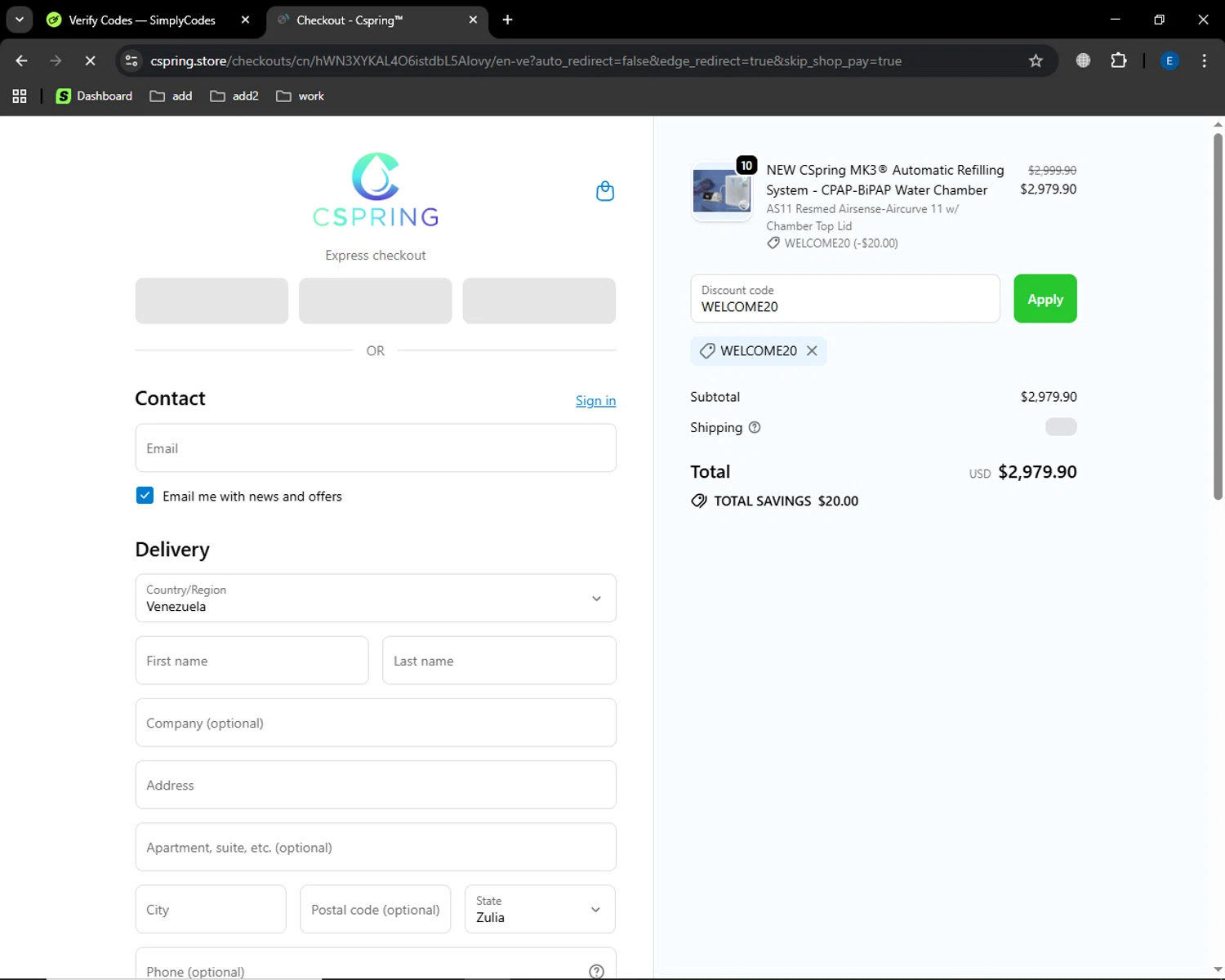 Cspring discount code screenshot showing code WELCOME20 applied at Cspring checkout page. Uploaded by SimplyCodes community member MoneyGenius452 on Sep 29, 2025