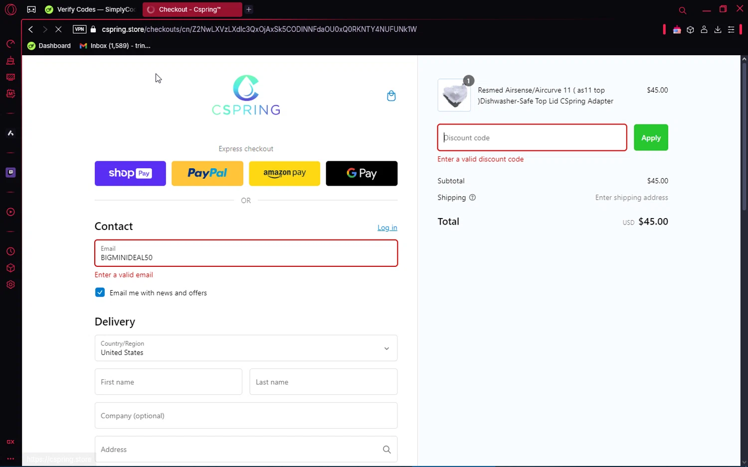 Cspring discount code screenshot showing code BIGMINIDEAL50 applied at Cspring checkout page. Uploaded by SimplyCodes community member jakeperro on Mar 2, 2025
