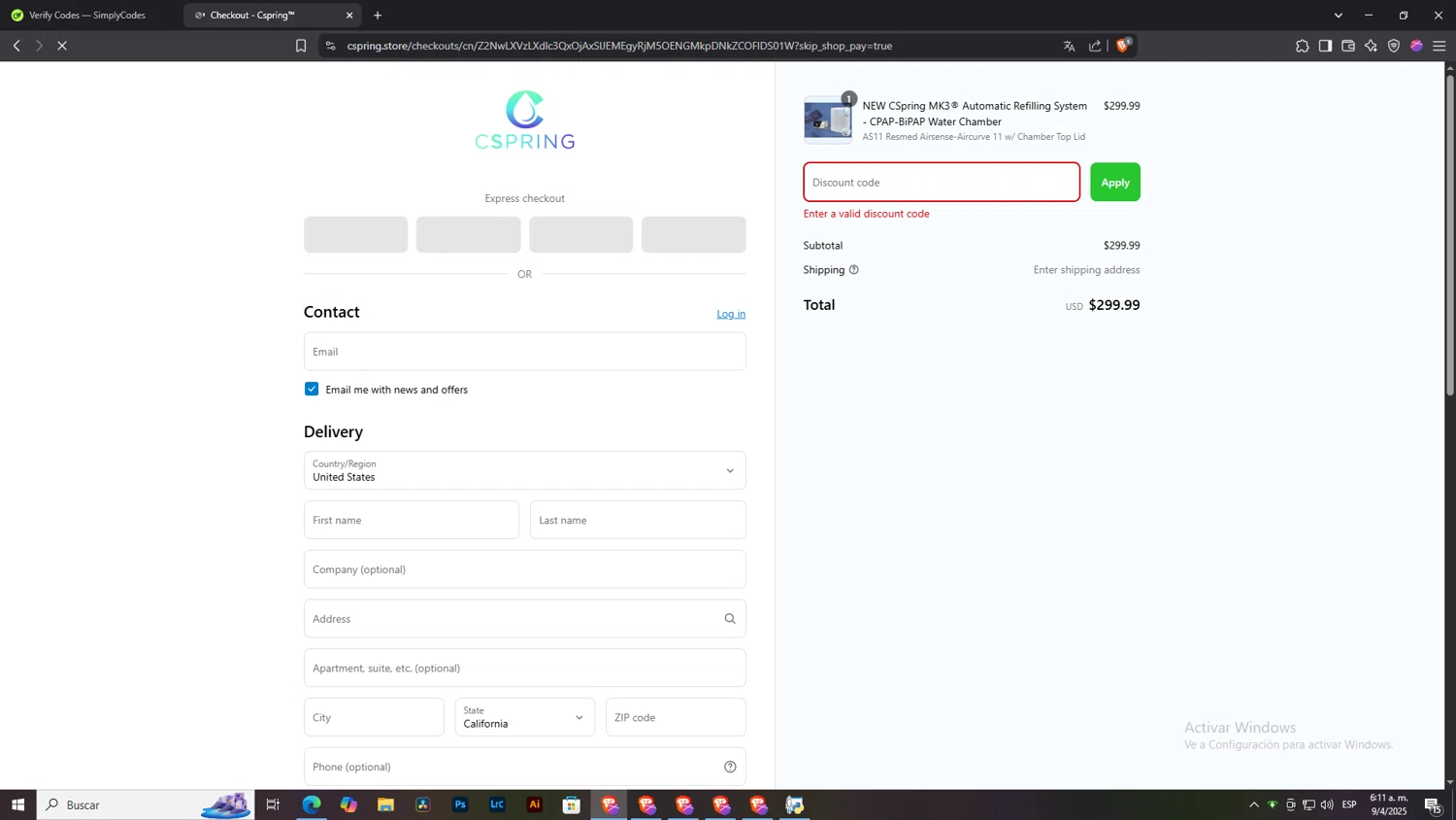 Cspring discount code screenshot showing code preorder50 applied at Cspring checkout page. Uploaded by SimplyCodes community member NobleLegend6162 on Apr 9, 2025