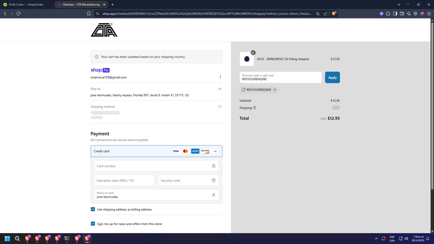 CTA Manufacturing promo code screenshot showing code REVYOURENGINE applied at CTA Manufacturing checkout page. Uploaded by SimplyCodes community member diosgreed2030 on Apr 20, 2025