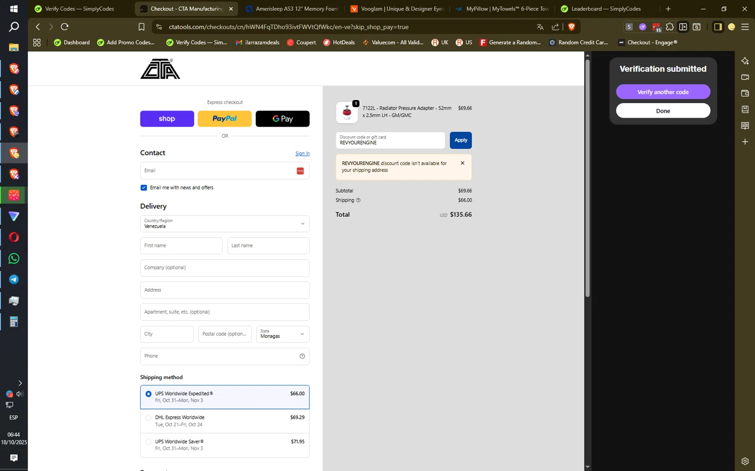 CTA Manufacturing promo code screenshot showing code REVYOURENGINE applied at CTA Manufacturing checkout page. Uploaded by SimplyCodes community member HiddenPulse7619 on Oct 18, 2025