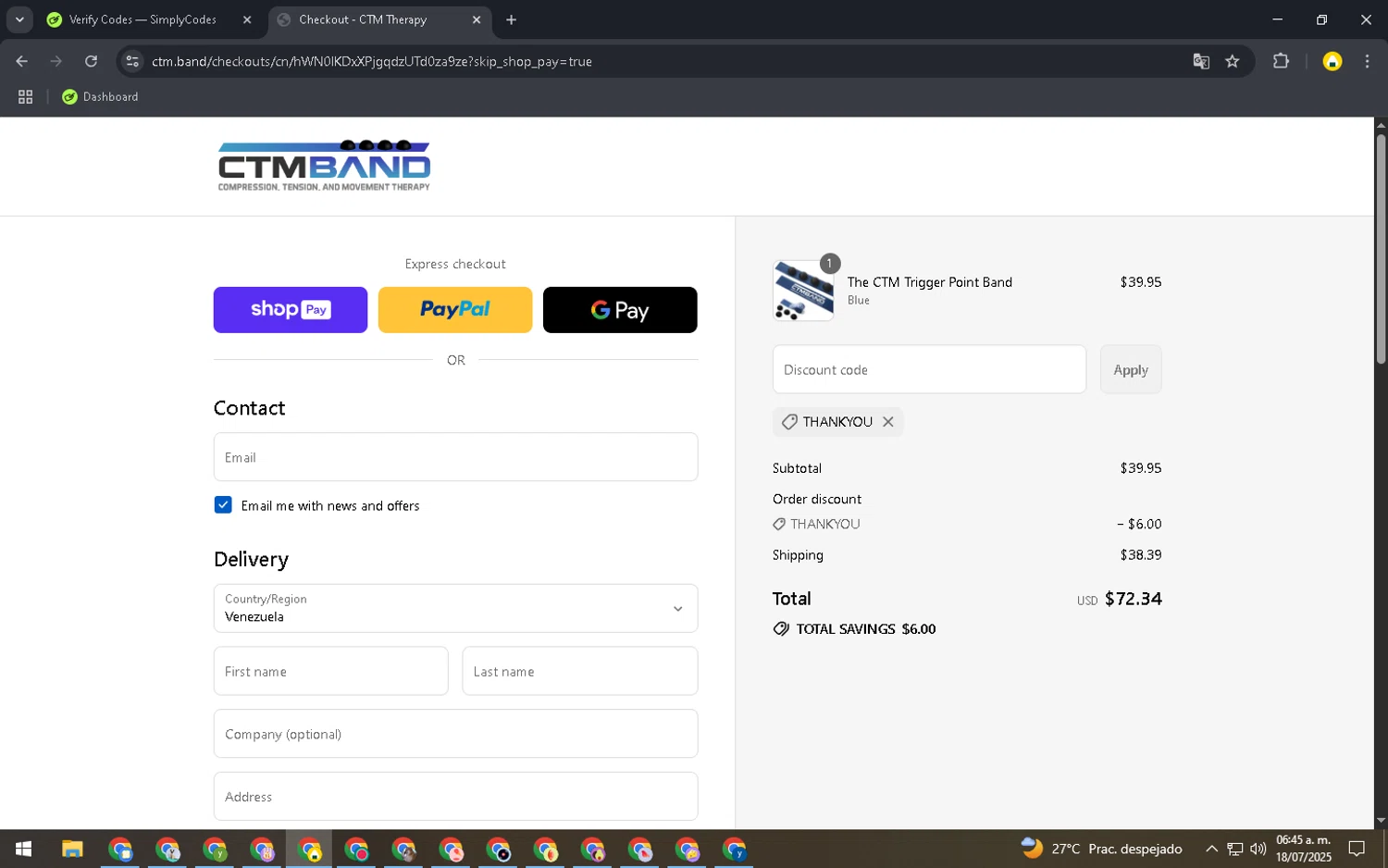 CTM Band checkout page showing CTM Band promo code box | Screenshot taken by SimplyCodes community member on Jul 18, 2025