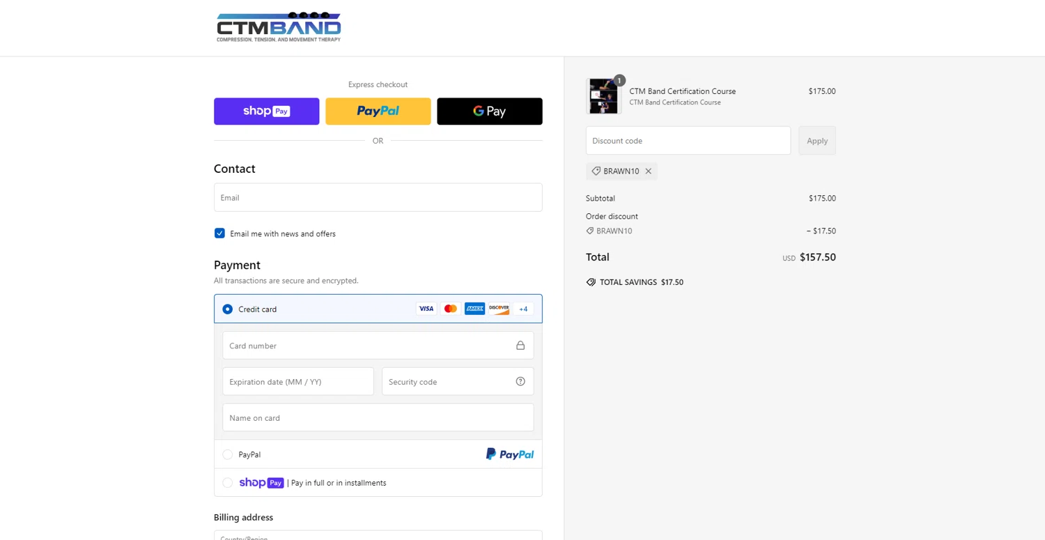 CTM Band promo code screenshot showing code BRAWN10 applied at CTM Band checkout page. Uploaded by SimplyCodes community member ThriftyScout2507 on Feb 2, 2025