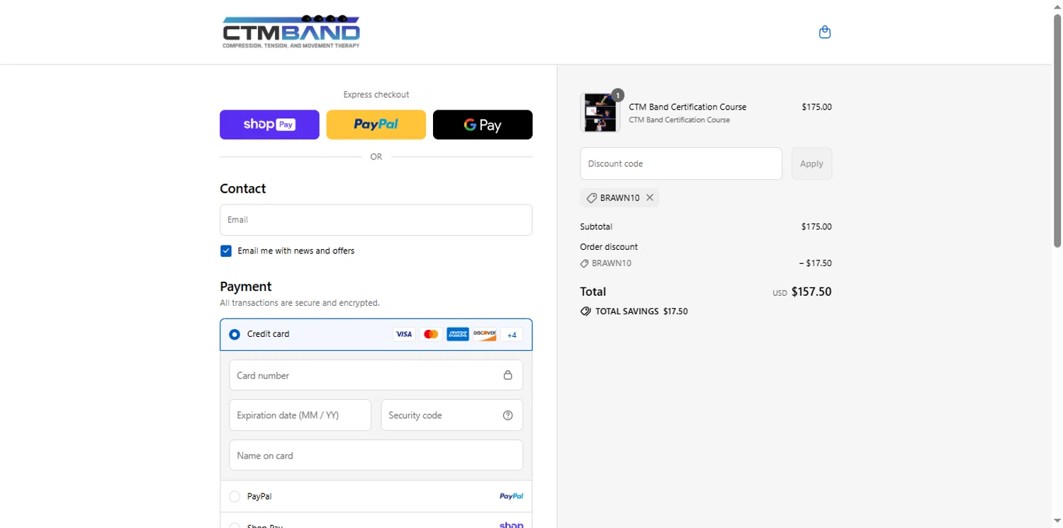 CTM Band promo code screenshot showing code BRAWN10 applied at CTM Band checkout page. Uploaded by SimplyCodes community member renegul on Aug 21, 2025