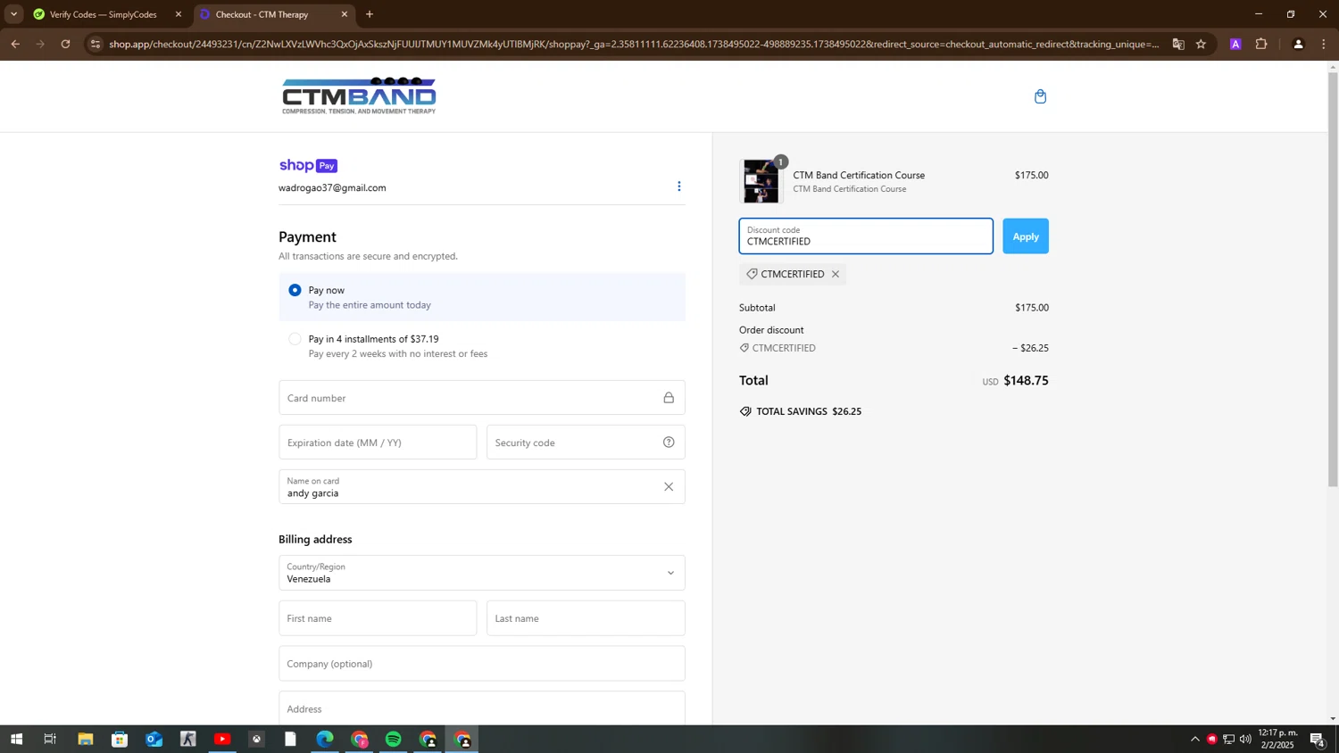 CTM Band promo code screenshot showing code CTMCERTIFIED applied at CTM Band checkout page. Uploaded by SimplyCodes community member BudgetMaven6078 on Feb 2, 2025