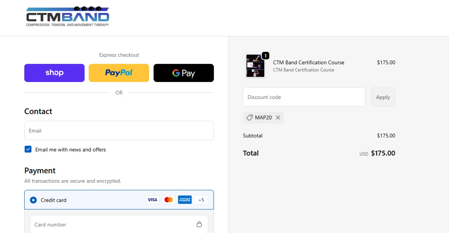 CTM Band checkout page showing CTM Band promo code box | Screenshot taken by SimplyCodes community member on Sep 19, 2025