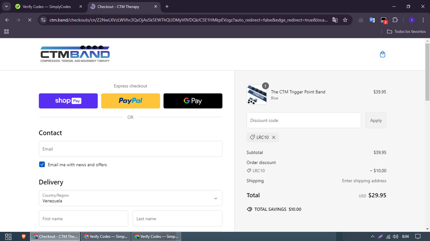 CTM Band promo code screenshot showing code LRC10 applied at CTM Band checkout page. Uploaded by SimplyCodes community member RebateTitan9354 on Mar 3, 2025
