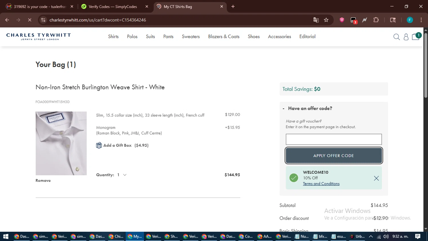 Charles Tyrwhitt promo code screenshot showing code welcome10 applied at Charles Tyrwhitt checkout page. Uploaded by SimplyCodes community member ShrewdTitan3233 on Aug 11, 2025