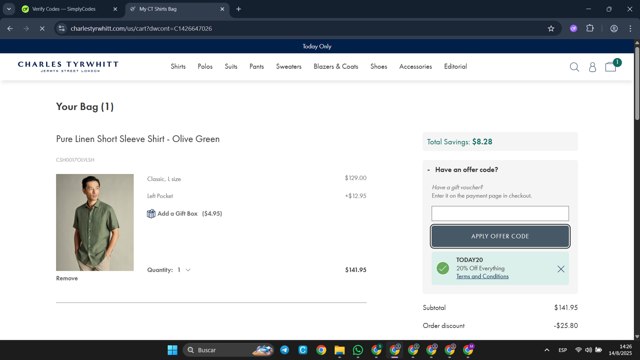 Charles Tyrwhitt checkout page showing Charles Tyrwhitt promo code box | Screenshot taken by SimplyCodes community member on Aug 14, 2025
