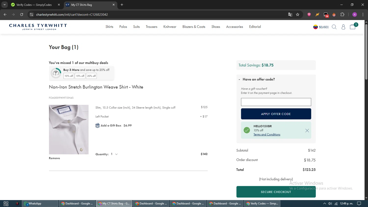 Charles Tyrwhitt promo code screenshot showing code HELLO15XBR applied at Charles Tyrwhitt checkout page. Uploaded by SimplyCodes community member CouponScout5403 on Aug 11, 2025