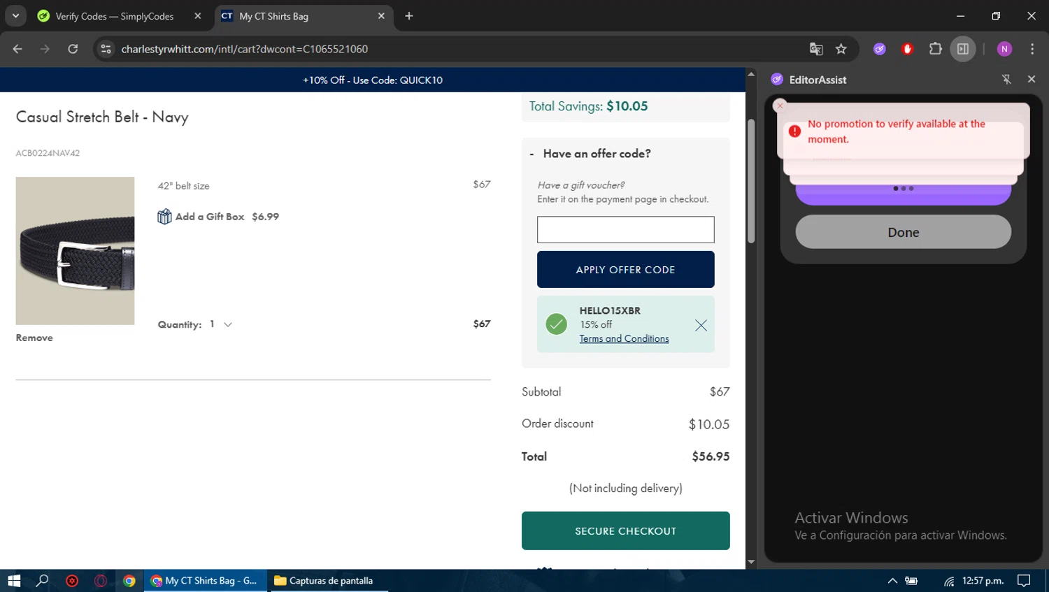 Charles Tyrwhitt promo code screenshot showing code HELLO15XBR applied at Charles Tyrwhitt checkout page. Uploaded by SimplyCodes community member Sasuk3 on Jul 20, 2025