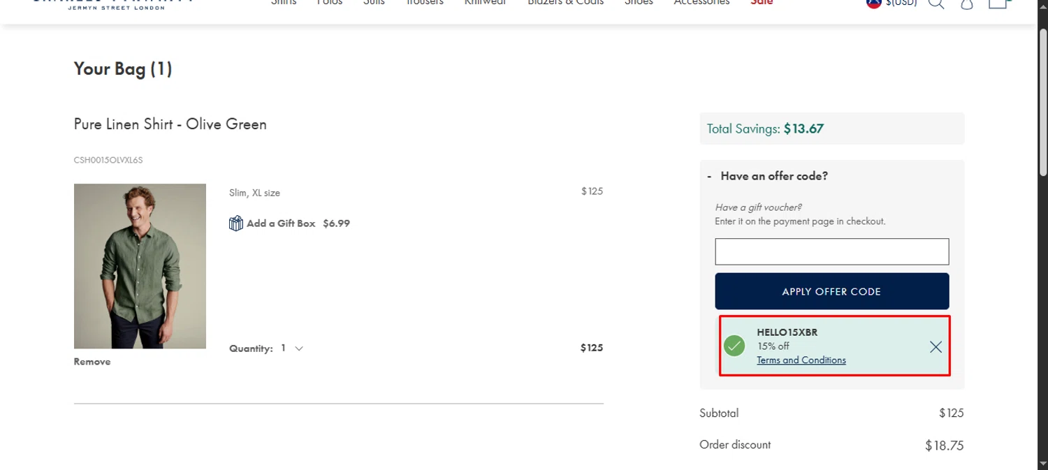 Charles Tyrwhitt promo code screenshot showing code HELLO15XBR applied at Charles Tyrwhitt checkout page. Uploaded by SimplyCodes community member noworries on Jul 20, 2025