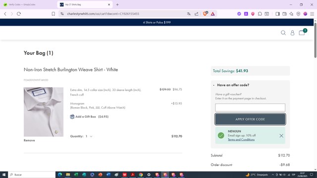 Charles Tyrwhitt checkout page showing Charles Tyrwhitt promo code box | Screenshot taken by SimplyCodes community member on Aug 26, 2025