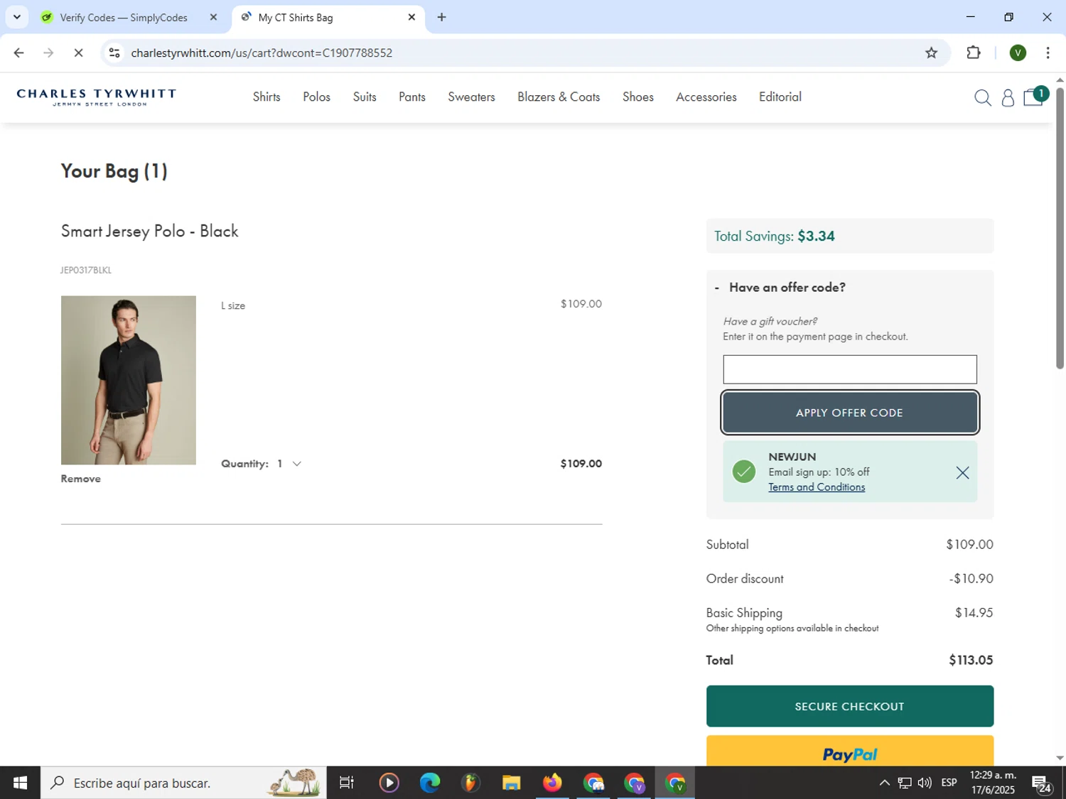 Charles Tyrwhitt promo code screenshot showing code Newjun applied at Charles Tyrwhitt checkout page. Uploaded by SimplyCodes community member PrimeWizard4168 on Jun 17, 2025