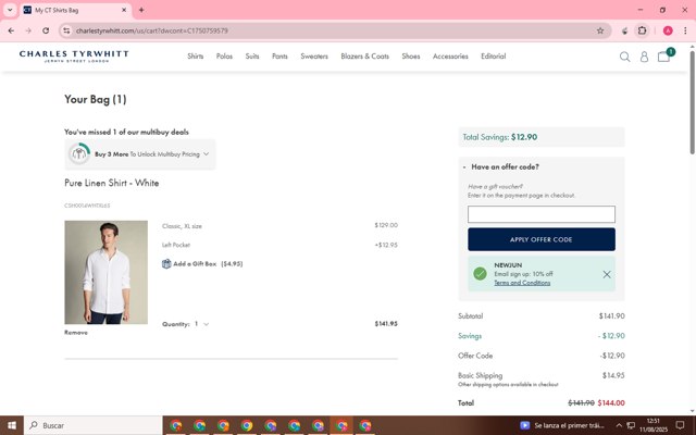 Charles Tyrwhitt checkout page showing Charles Tyrwhitt promo code box | Screenshot taken by SimplyCodes community member on Aug 11, 2025