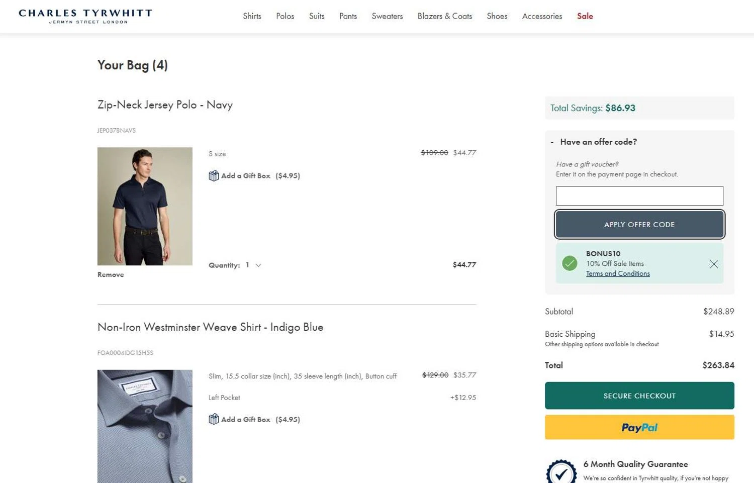 Charles Tyrwhitt promo code screenshot showing code BONUS10 applied at Charles Tyrwhitt checkout page. Uploaded by SimplyCodes community member 6d796e616d656973 on Jul 18, 2025