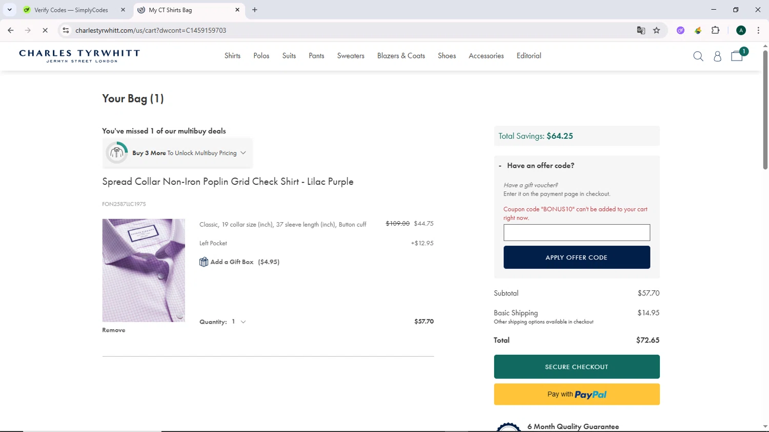 Charles Tyrwhitt promo code screenshot showing code BONUS10 applied at Charles Tyrwhitt checkout page. Uploaded by SimplyCodes community member DiscountCurator2907 on Jul 30, 2025