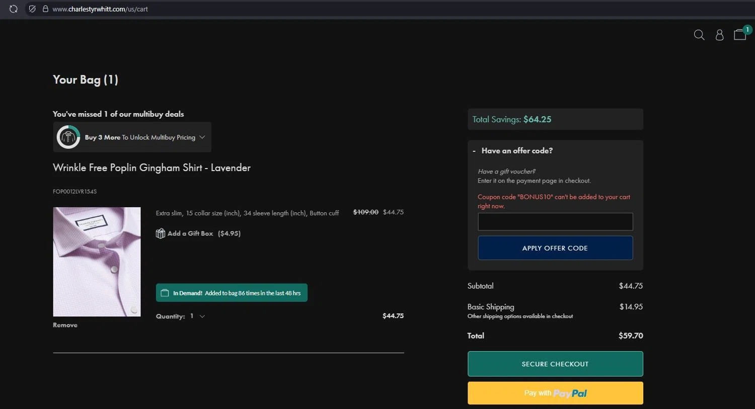 Charles Tyrwhitt promo code screenshot showing code BONUS10 applied at Charles Tyrwhitt checkout page. Uploaded by SimplyCodes community member LegendarySeeker3956 on Jul 30, 2025