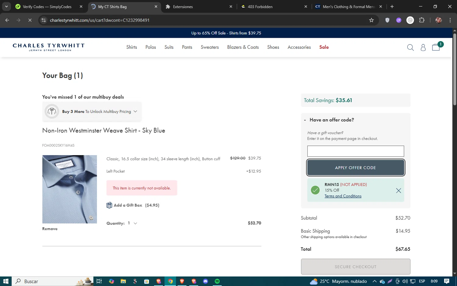 Charles Tyrwhitt promo code screenshot showing code RMN15 applied at Charles Tyrwhitt checkout page. Uploaded by SimplyCodes community member 61451681 on Jul 24, 2025