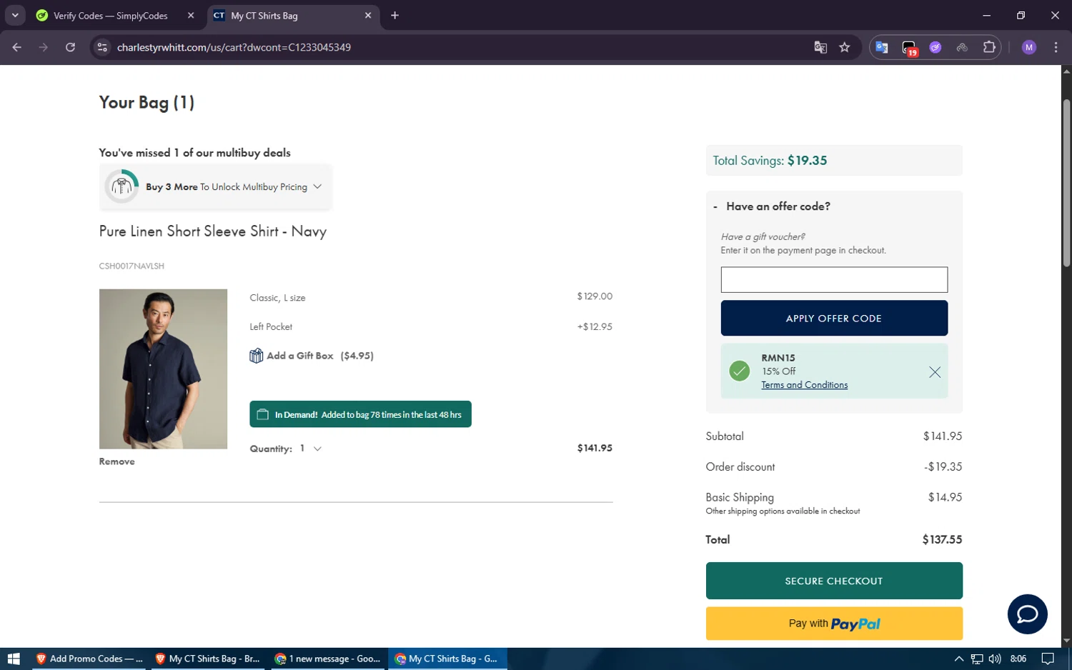 Charles Tyrwhitt promo code screenshot showing code RMN15 applied at Charles Tyrwhitt checkout page. Uploaded by SimplyCodes community member Voucher200 on Jul 24, 2025