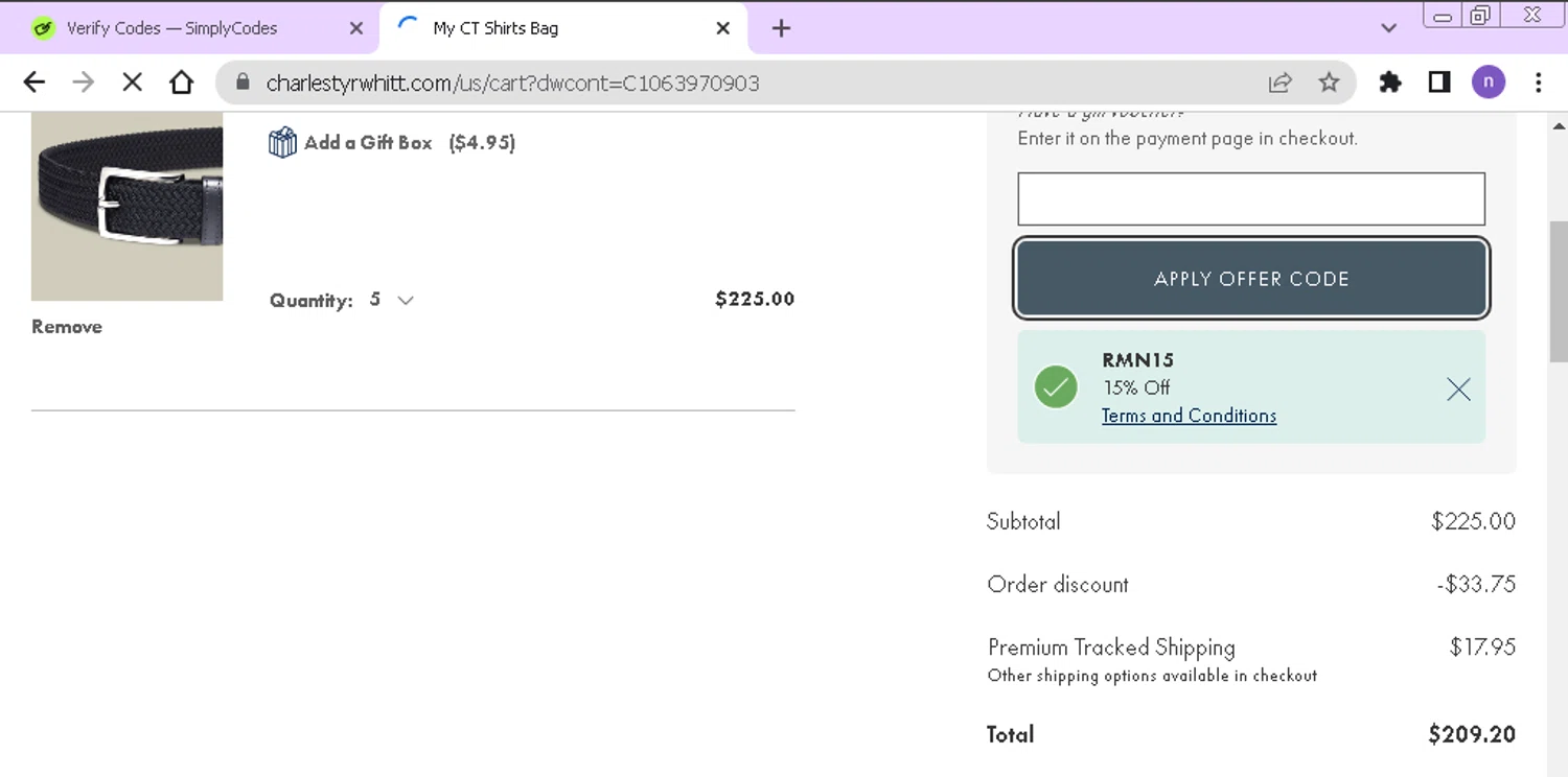 Charles Tyrwhitt promo code screenshot showing code RMN15 applied at Charles Tyrwhitt checkout page. Uploaded by SimplyCodes community member nairelysnavarro1 on Aug 23, 2025