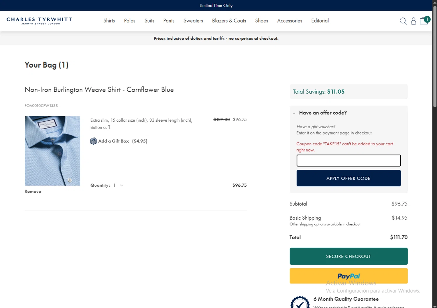 Charles Tyrwhitt promo code screenshot showing code TAKE15 applied at Charles Tyrwhitt checkout page. Uploaded by SimplyCodes community member FortunateDefender7285 on Aug 28, 2025