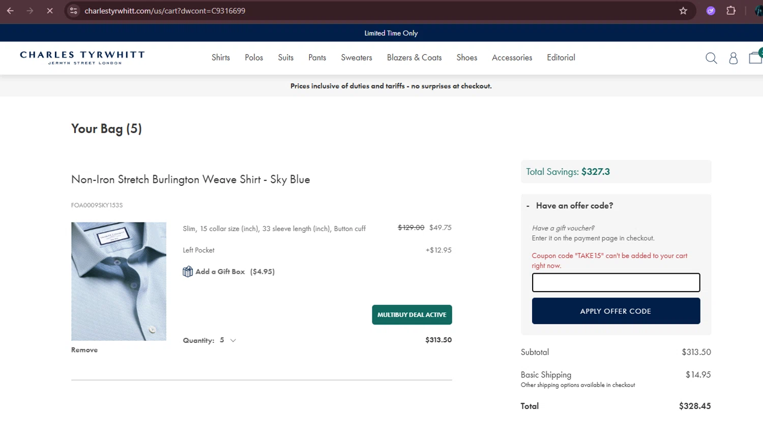 Charles Tyrwhitt promo code screenshot showing code TAKE15 applied at Charles Tyrwhitt checkout page. Uploaded by SimplyCodes community member Kurokenshi on Aug 28, 2025