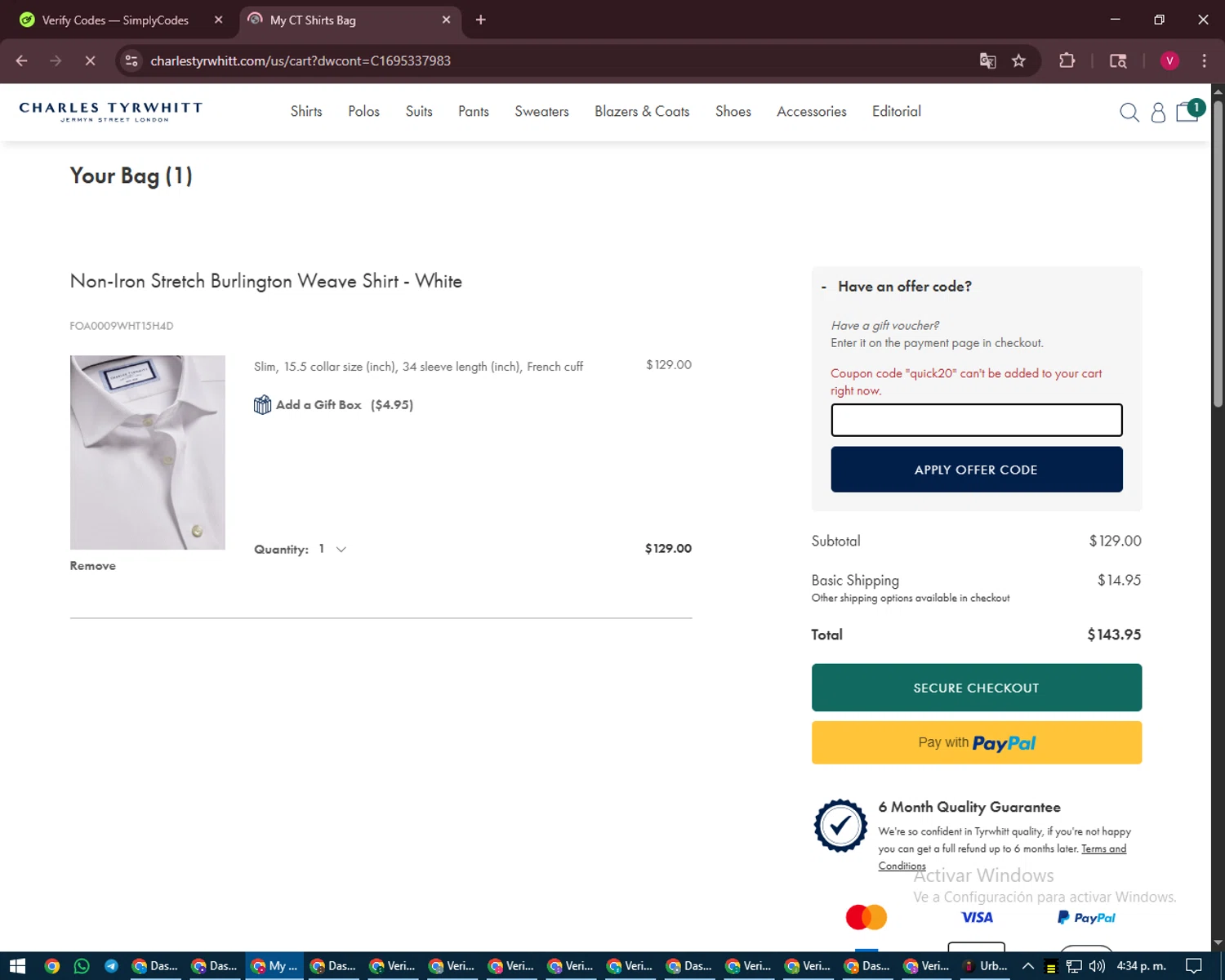 Charles Tyrwhitt promo code screenshot showing code quick20 applied at Charles Tyrwhitt checkout page. Uploaded by SimplyCodes community member ShieldEagle6102 on Aug 22, 2025