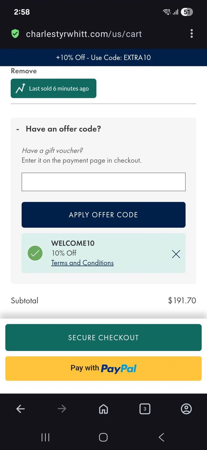 Charles Tyrwhitt promo code screenshot showing code Welcome10 applied at Charles Tyrwhitt checkout page. Uploaded by SimplyCodes community member BB9542251456527 on Jul 20, 2025
