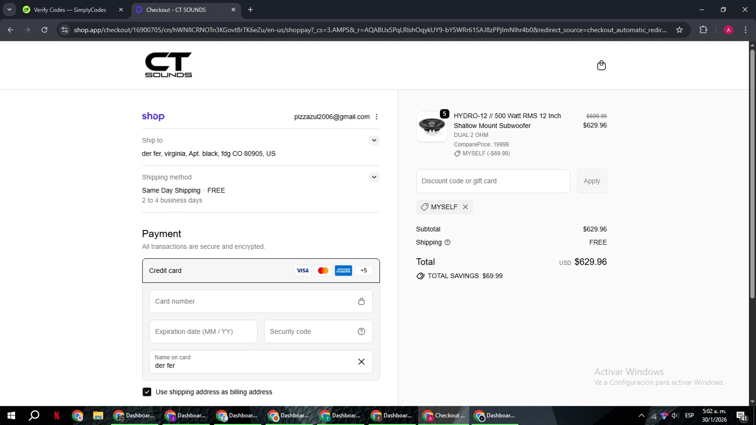 CT Sounds discount code screenshot showing code MYSELF applied at CT Sounds checkout page. Uploaded by SimplyCodes community member BMWGS1200 on Jan 30, 2026