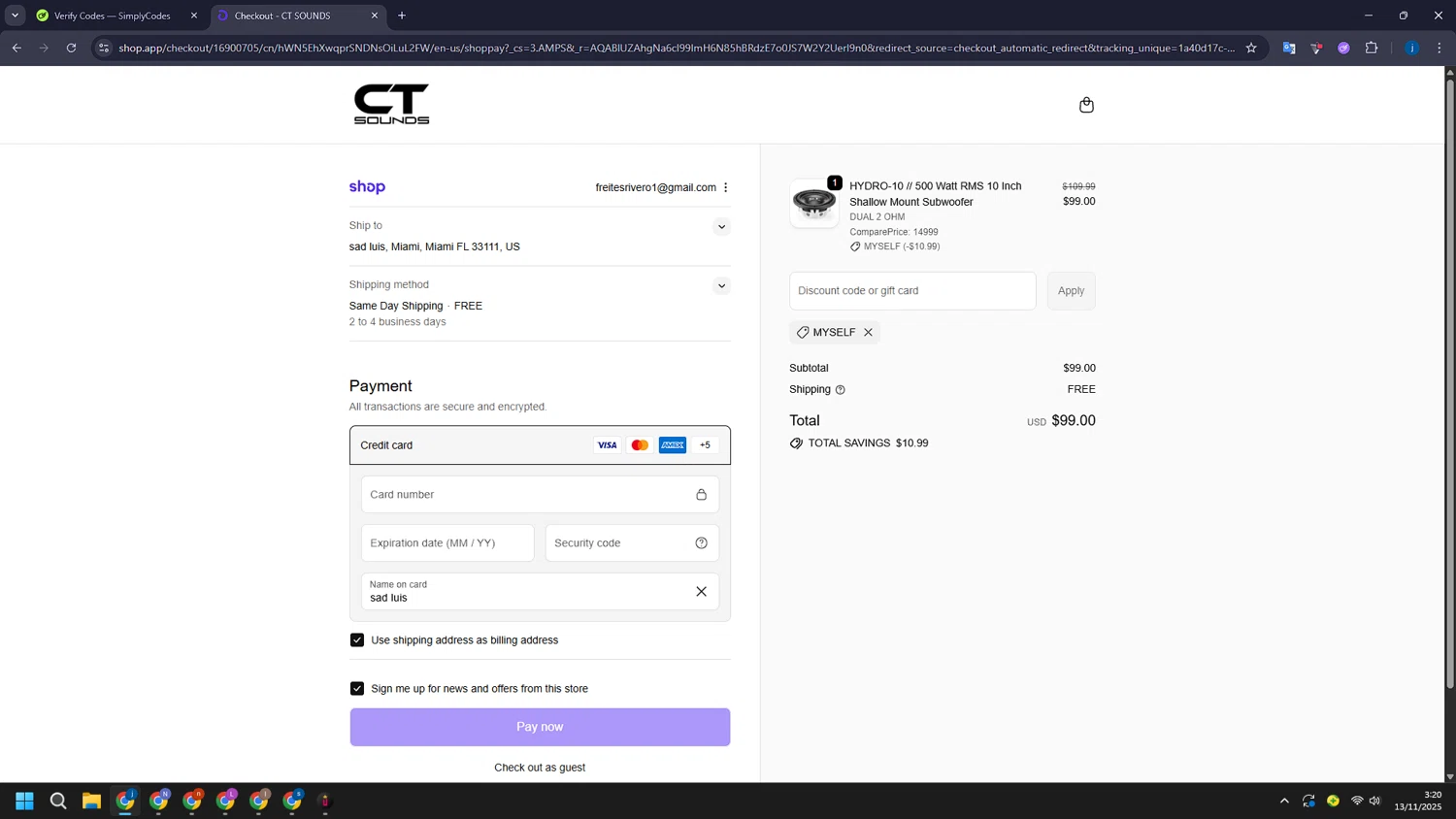 CT Sounds discount code screenshot showing code MYSELF applied at CT Sounds checkout page. Uploaded by SimplyCodes community member CashLegend3767 on Nov 13, 2025
