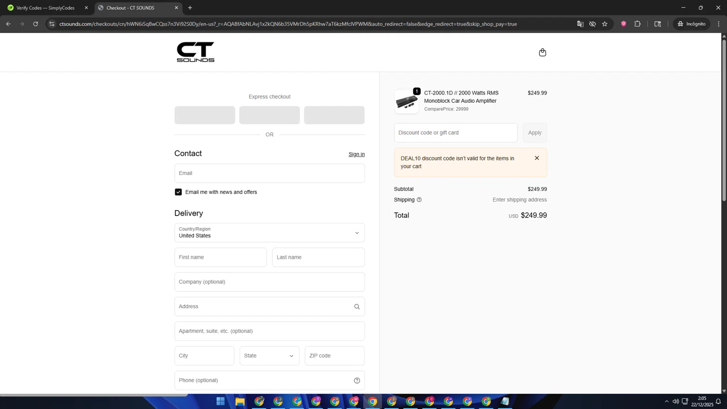 CT Sounds promo code screenshot showing code DEAL10 applied at CT Sounds checkout page. Uploaded by SimplyCodes community member AVAMUSTANG on Dec 22, 2025