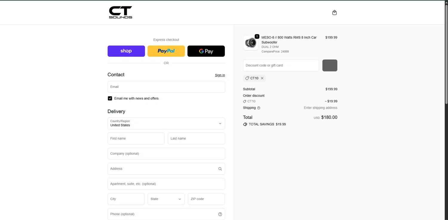 CT Sounds discount code screenshot showing code CT10 applied at CT Sounds checkout page. Uploaded by SimplyCodes community member VoucherRanger9105 on Jan 6, 2026