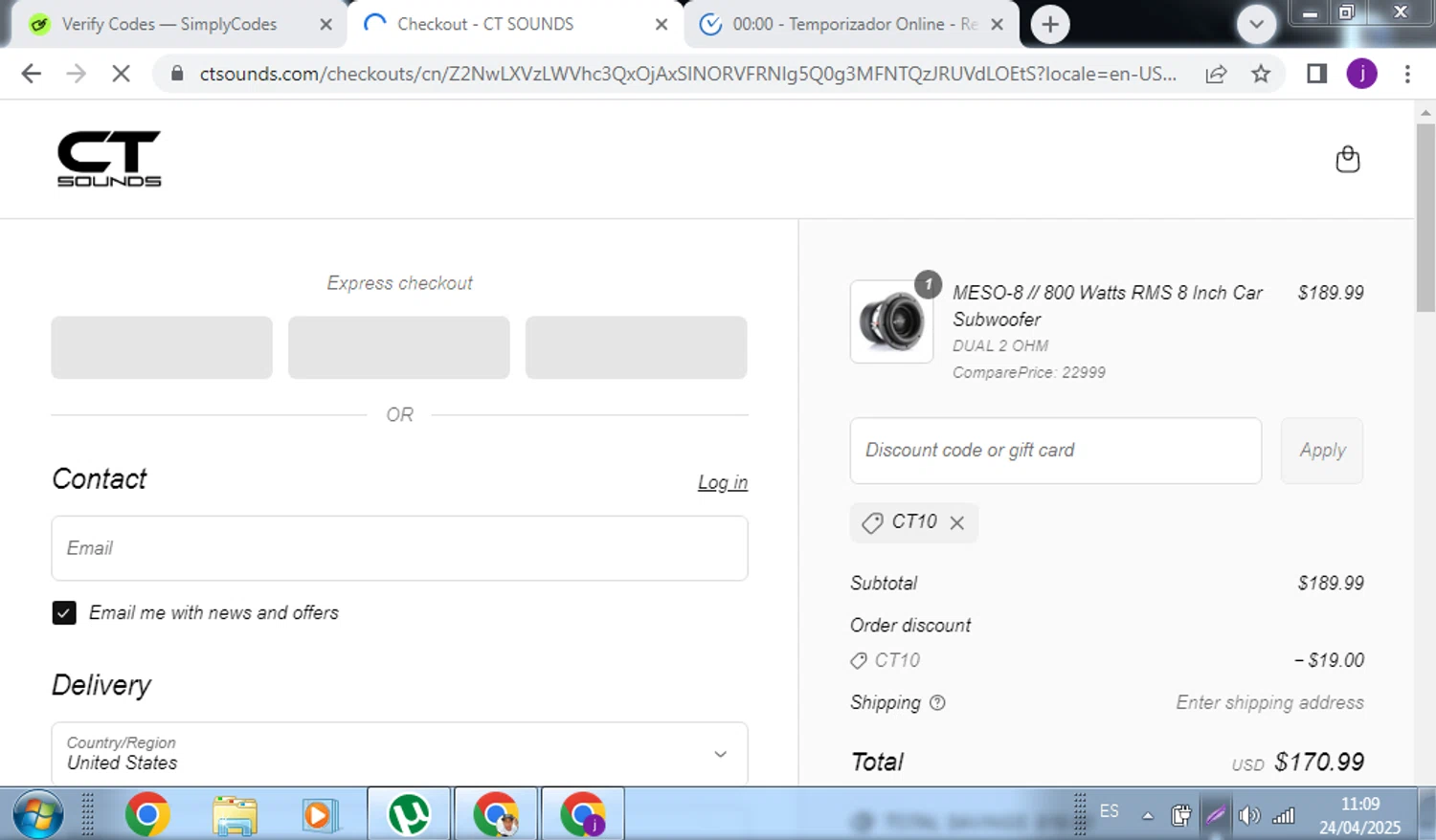 CT Sounds discount code screenshot showing code CT10 applied at CT Sounds checkout page. Uploaded by SimplyCodes community member QuestScholar4095 on Apr 25, 2025