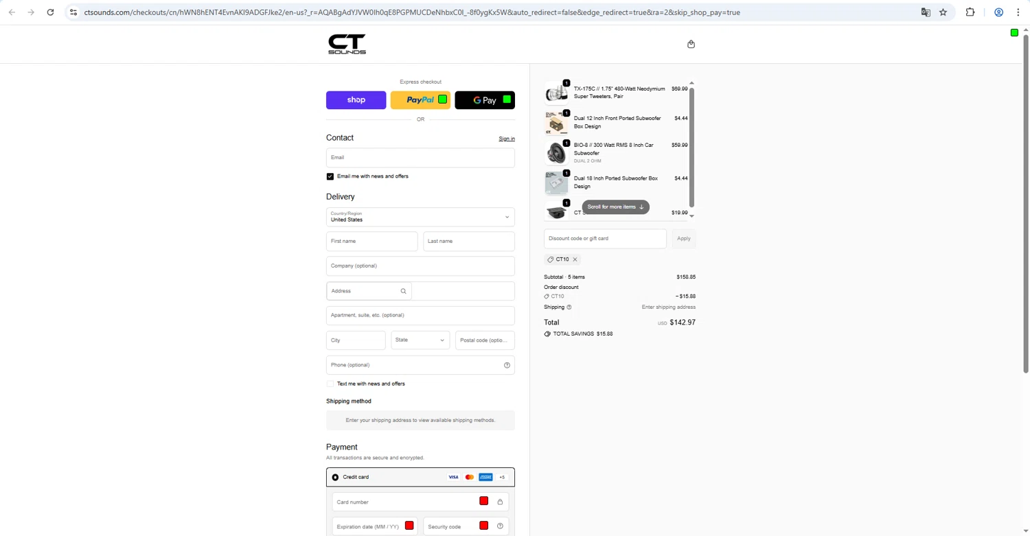 CT Sounds discount code screenshot showing code CT10 applied at CT Sounds checkout page. Uploaded by SimplyCodes community member kaiser2 on Feb 12, 2026